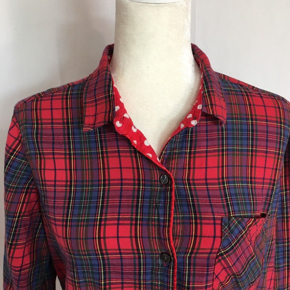 Victoria’s Secret Pink Red Navy Blue Plaid Button Up Pajama Sleep Shirt Medium